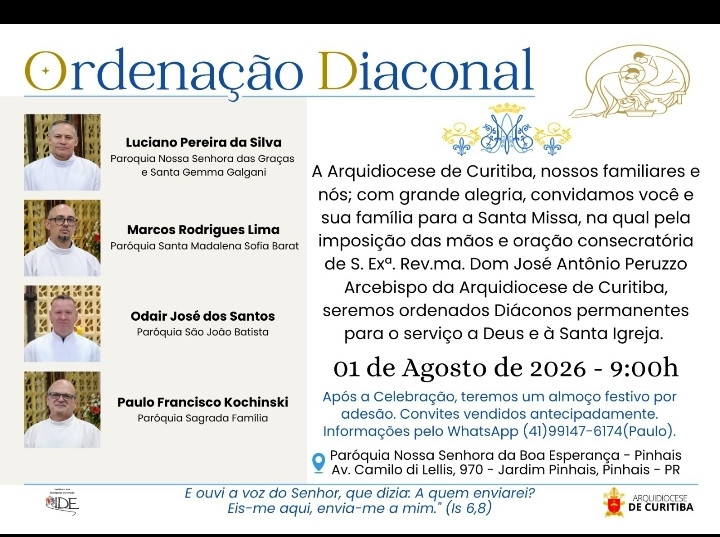 CONVITE DE ORDENAÇÕES DIACONAIS DA ARQUIDIOCESE DE CURITIBA (PR)