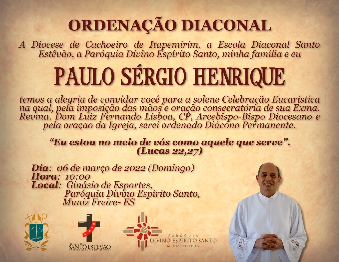 CONVITE DE ORDENAÇÃO DIACONAL DA DIOCESE DE CACHOEIRO DE ITAPEMIRIM (ES)
