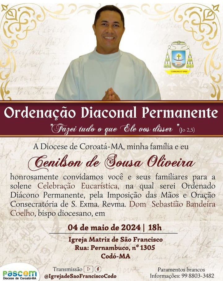 CONVITE DE ORDENAÇÃO DIACONAL DA DIOCESE DE COROATÁ (MA)
