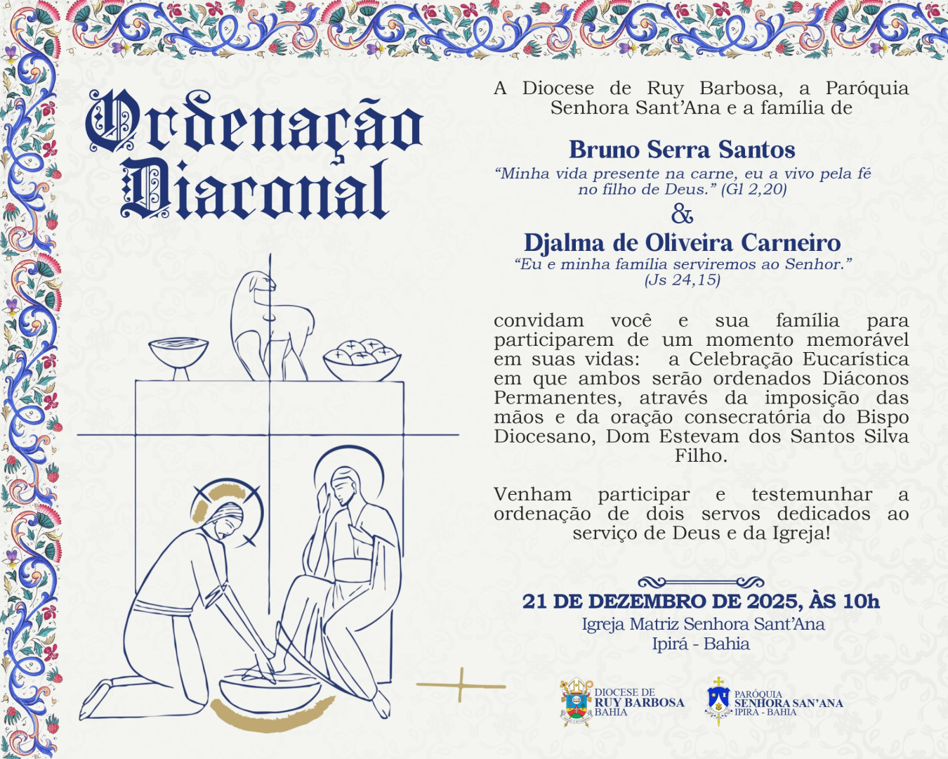 CONVITE PARA ORDENAÇÕES DIACONAIS PERMANENTES DA DIOCESE DE RUY BARBOSA (BA)