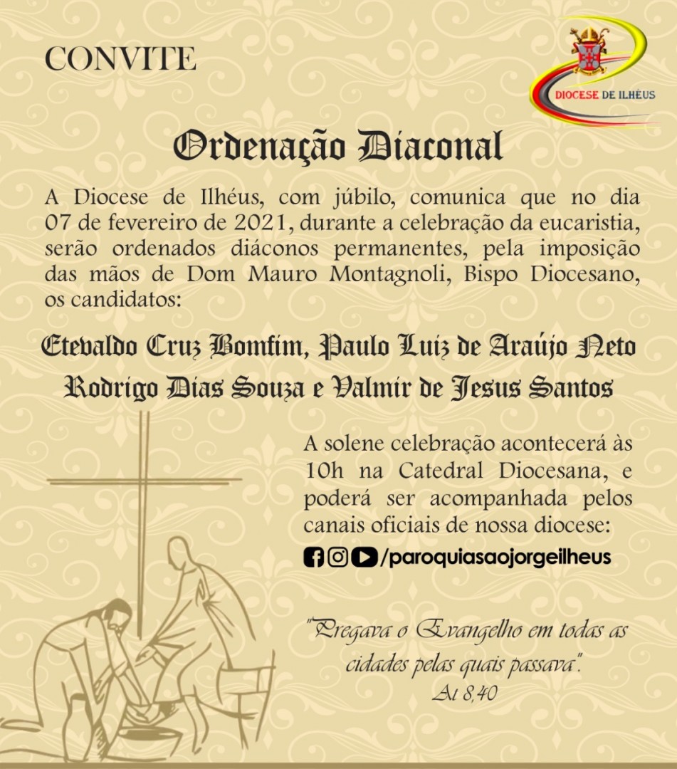 CONVITE DE ORDENAÇÕES DIACONAIS DA DIOCESE DE ILHÉUS (BA)