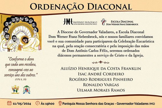 DIOCESE DE GOVERNADOR VALADARES (MG) CONVIDA PARA ORDENAÇÕES DIACONAIS