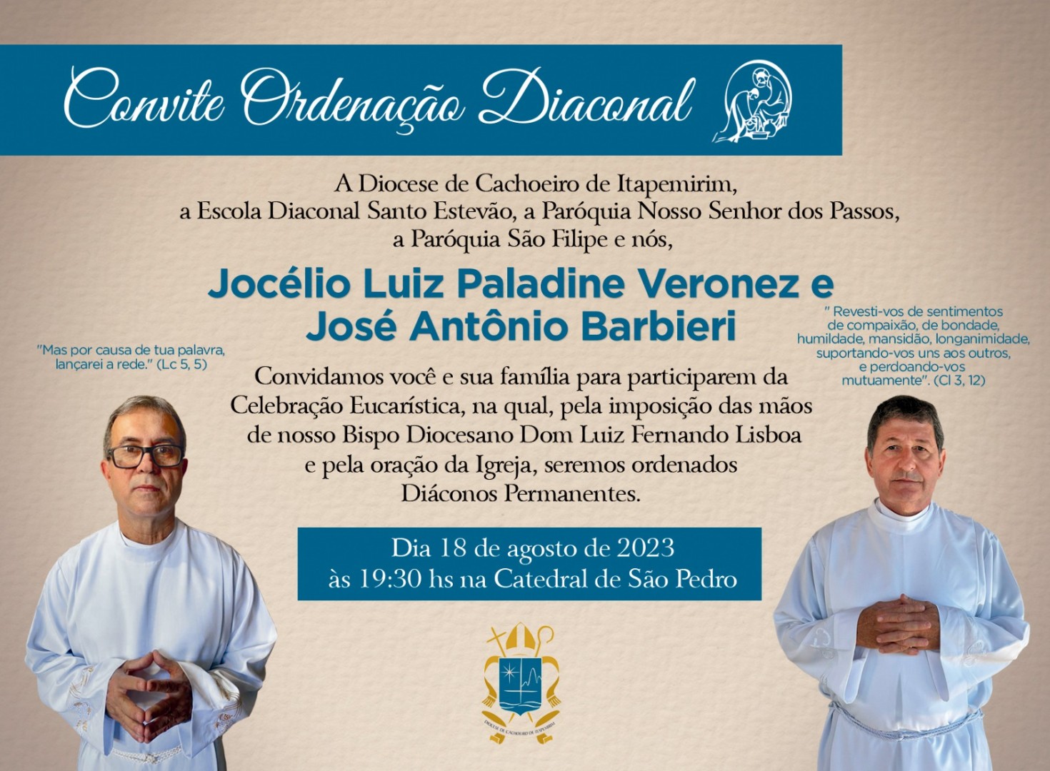 CONVITE PARA ORDENAÇÃO DIACONAL DA DIOCESE DE CACHOEIRO DE ITAPEMIRIM (ES)