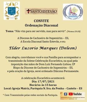 CONVITE DE ORDENAÇÃO DIACONAL PERMANENTE DA DIOCESE DE CACHOEIRO DE ITAPEMIRIM (ES)