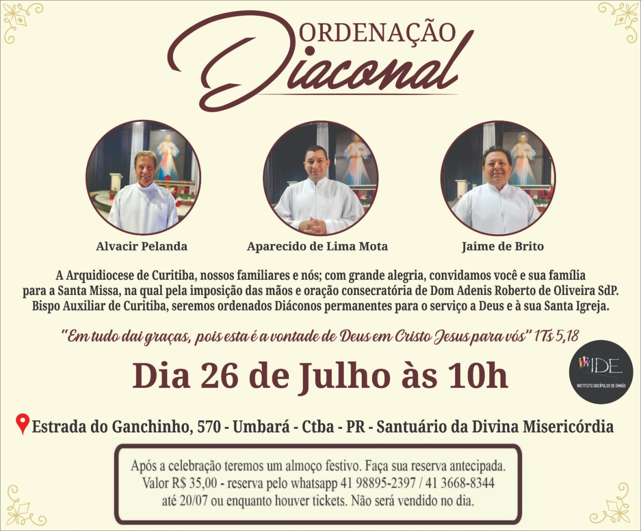 CONVITE DE ORDENAÇÕES DIACONAIS DA ARQUIDIOCESE DE CURITIBA (PR)