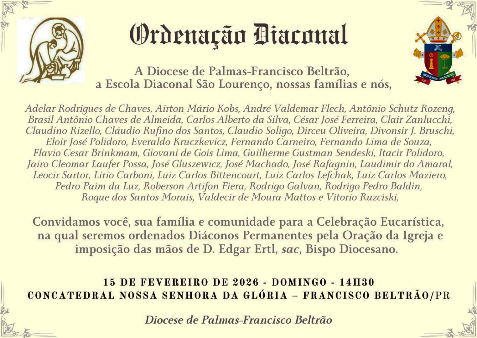 CONVITE DE ORDENAÇÕES DIACONAIS DA DIOCESE DE PALMAS/FRANCISCO BELTRÃO (PR)