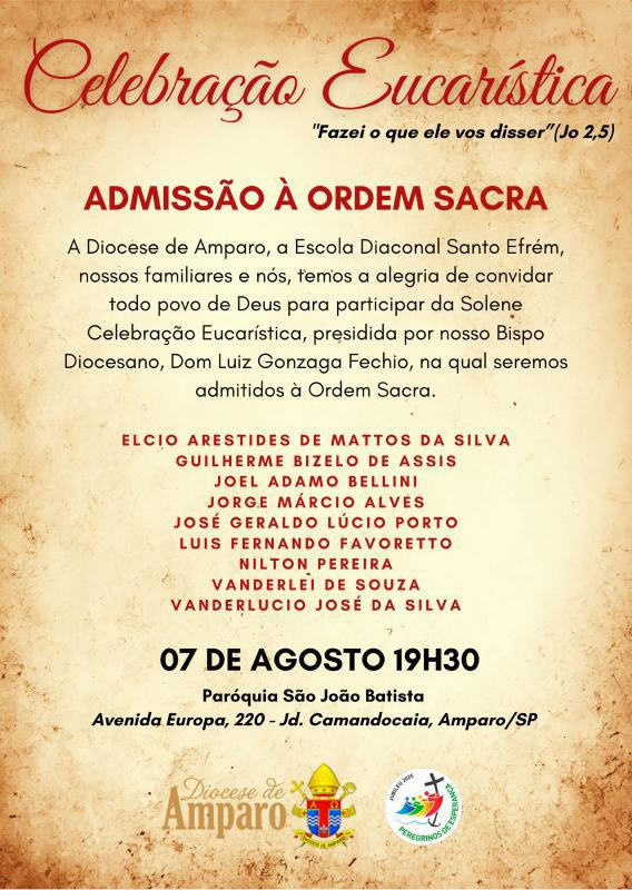CANDIDATOS AO DIACONADO PERMANENTE DA DIOCESE DE AMPARO (SP) SERÃO ADMITIDOS ÀS ORDENS SACRAS