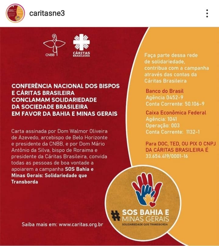 Entregue à Cáritas Nacional as doações para Bahia e Minas Gerais.