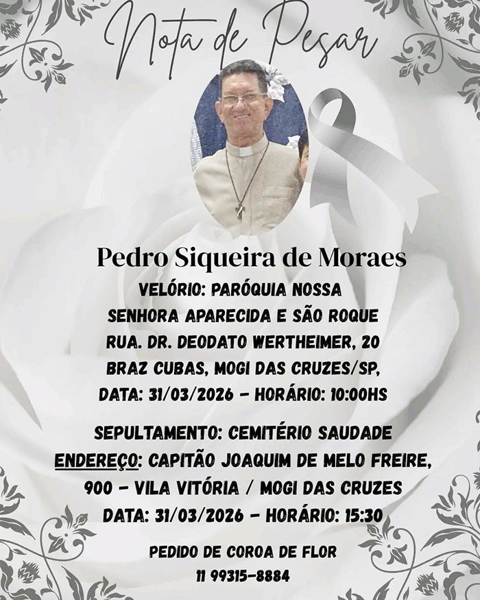NOTA DE FALECIMENTO: DIÁCONO PEDRO SIQUEIRA DE MORAES