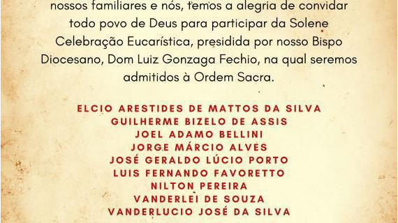 CANDIDATOS AO DIACONADO PERMANENTE DA DIOCESE DE AMPARO (SP) SERÃO ADMITIDOS ÀS ORDENS SACRAS