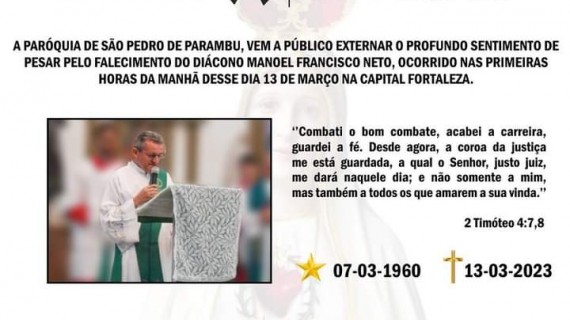 NOTA DE FALECIMENTO - DIÁCONO MANOEL FRANCISCO NETO